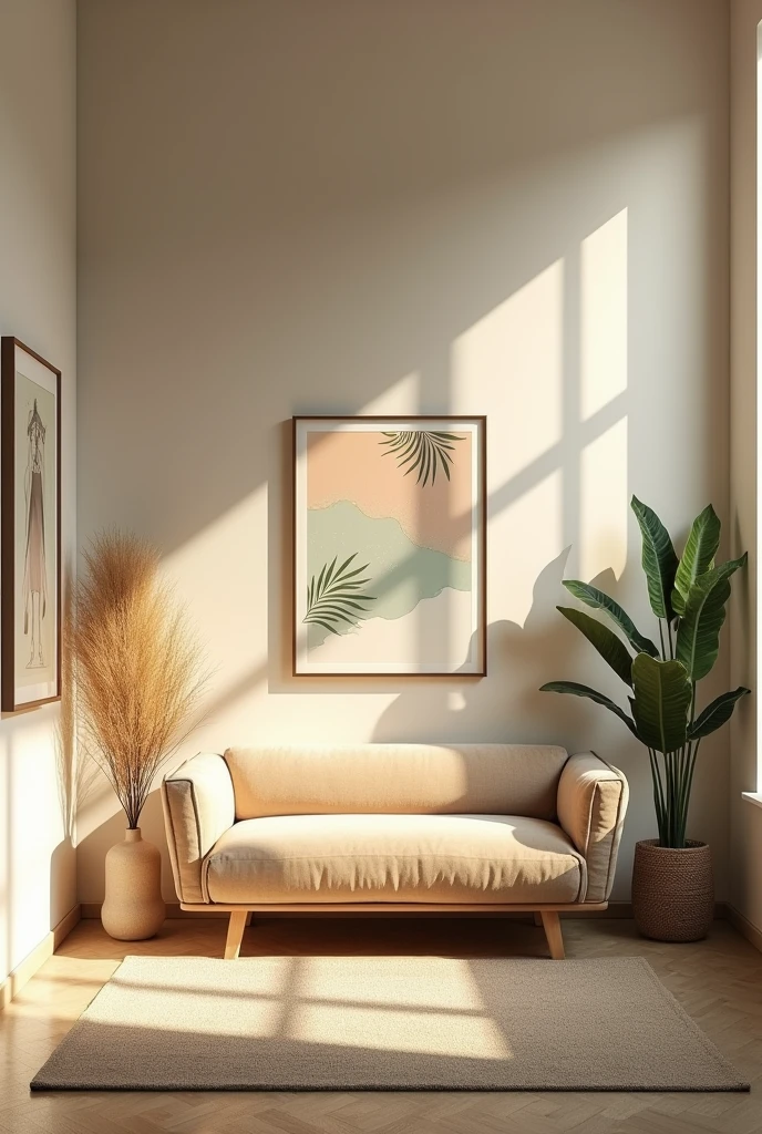 Generate a simple living room furnished with only one sofa and wall paintings from a far view