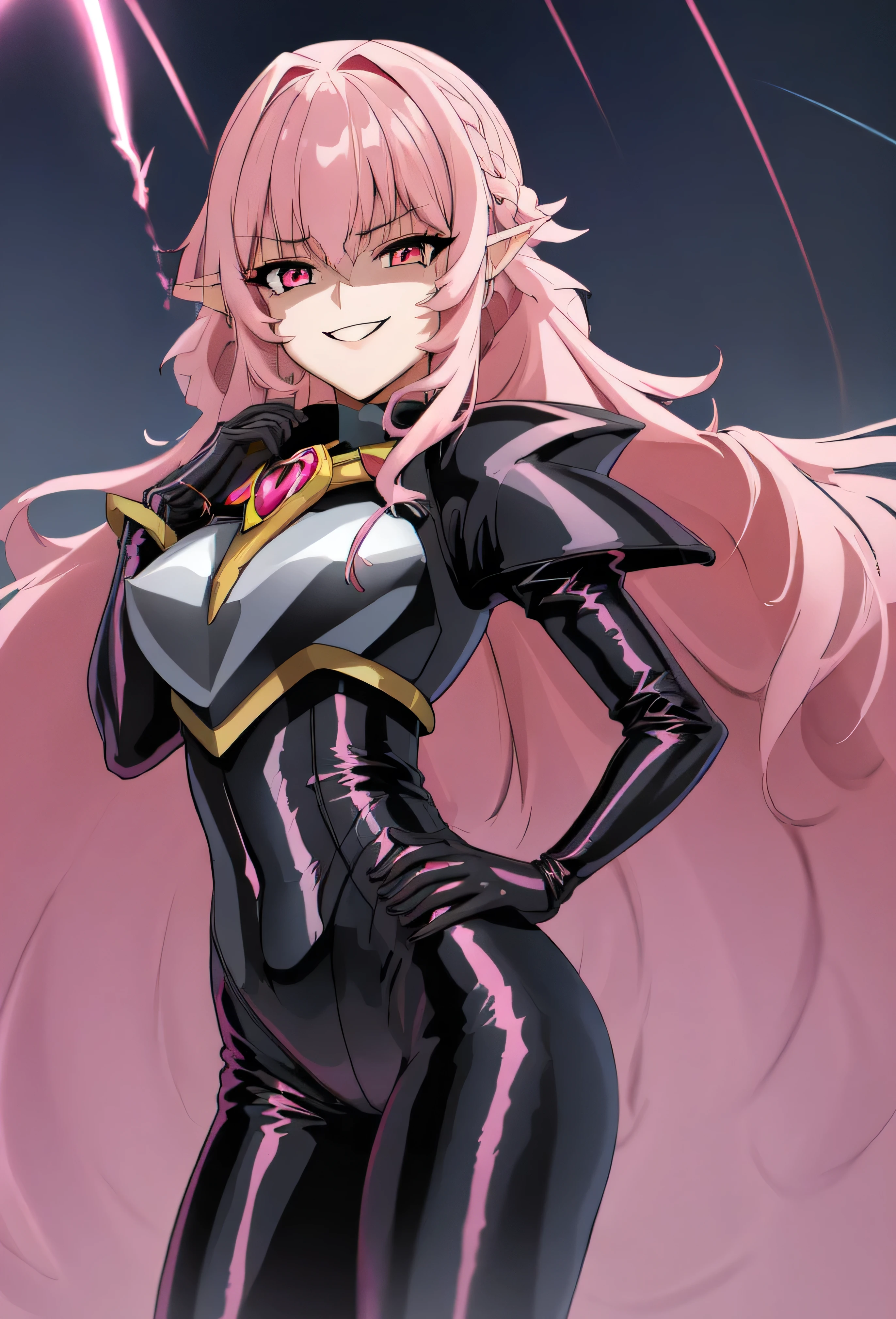 high quality, extremely detailed, perfect face, Nova, long pink hair, (black latex bodysuit), steel pauldrons, steel breastplate, long ears, evil smirk, evil laugh, medium breasts, (dark and stormy skies, lightning)(masterpiece:1.0),(Highest_quality:1.0), 超High resolution,4k,Super detailed, photo shoot, 8K, HDR, High resolution, disorganized:1.2, kodak portrait 400,raising a lightning,,Embodiment of evil,sadistic smile,deep shaded face(eyes in shadow),singlebraid,smile worst,worst ridecule,most evil moukery,,onebraid,,two hands,five fingers,dark aura background,A face full of evil,most evil ridicule,white micro pants,
