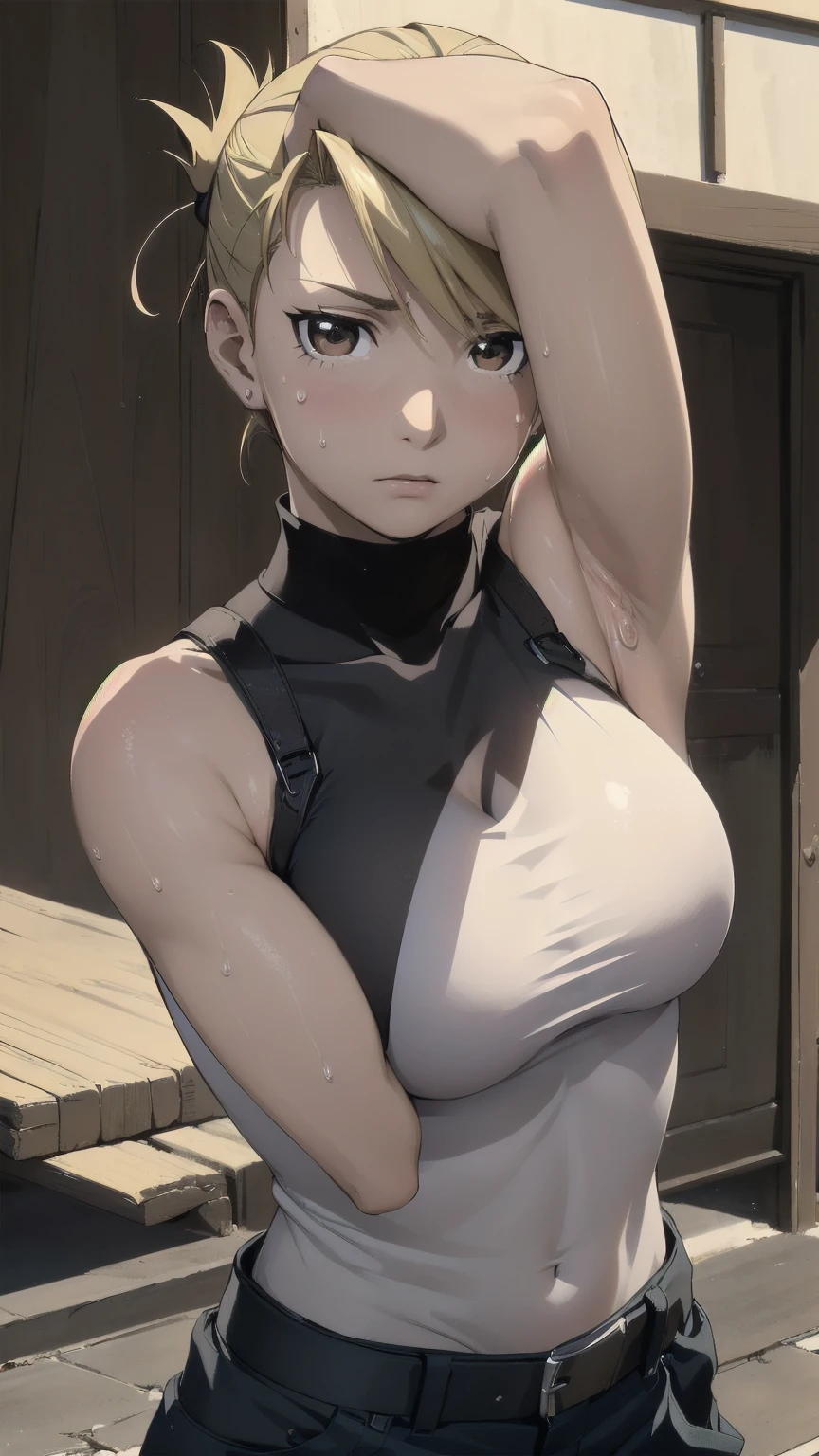 masterpiece, highest quality, High resolution, One Girl, Hamriz, ponytail, Brown eyes,big , Black Shirt, Tight shirt, holster, Short sleeve, belt, Covered navel, Blue pants,indoor、Upper body close-up、Muscular body、blush、Sweat、Composition from the front、anime、(((Close-up of a person、大きなおっぱい、Both armpits exposed、Sweat、Look forward)))