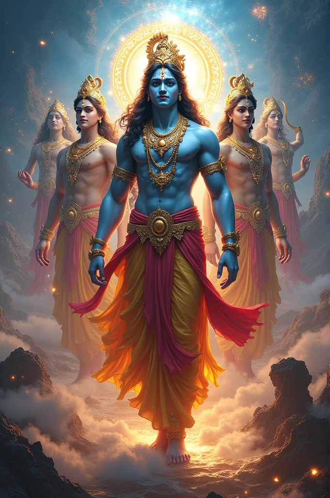 Lord krishna with sudarshan chakkar and all his avtar and weapons with him 
