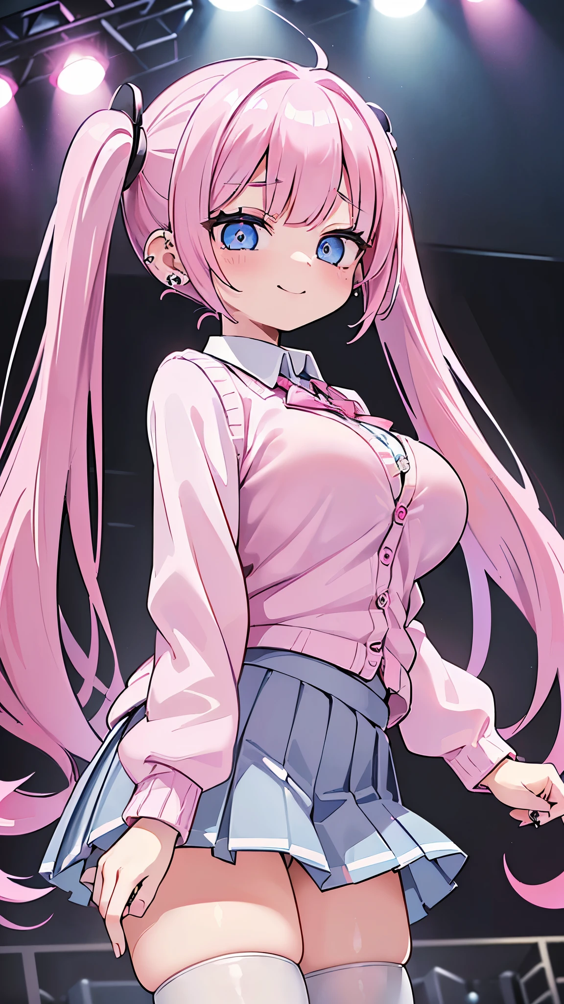 ((masterpiece、Highest quality、Super detailed)、((One person))、((Pink Hair))、((Twin tails))、((Light blue eyes))、evil smile、((lots of piercings))、((Very large breasts))、((White collared shirt))、((pink cardigan))、((Grey pleated skirt))、((micro miniskirt))、thighhighs、Cowboy Shot、((Pretend))、((Turning your  off))、Shoot from below、stage、Indoor background