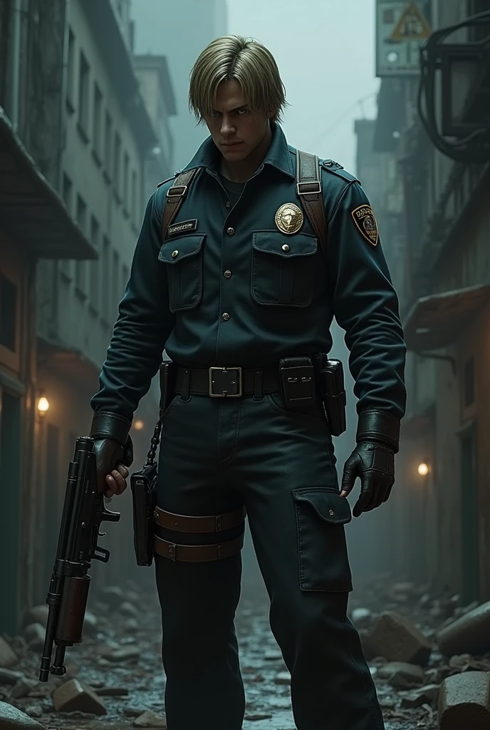 Leon S. Kennedy, wearing his iconic Raccoon City police uniform, stands with a determined look on his face. He's holding a shotgun in his right hand and has a pistol holstered at his hip. The background is a dark and gritty Raccoon City street, with zombies lurking in the shadows. Leon is positioned in a strong stance, ready to take on the undead hordes.