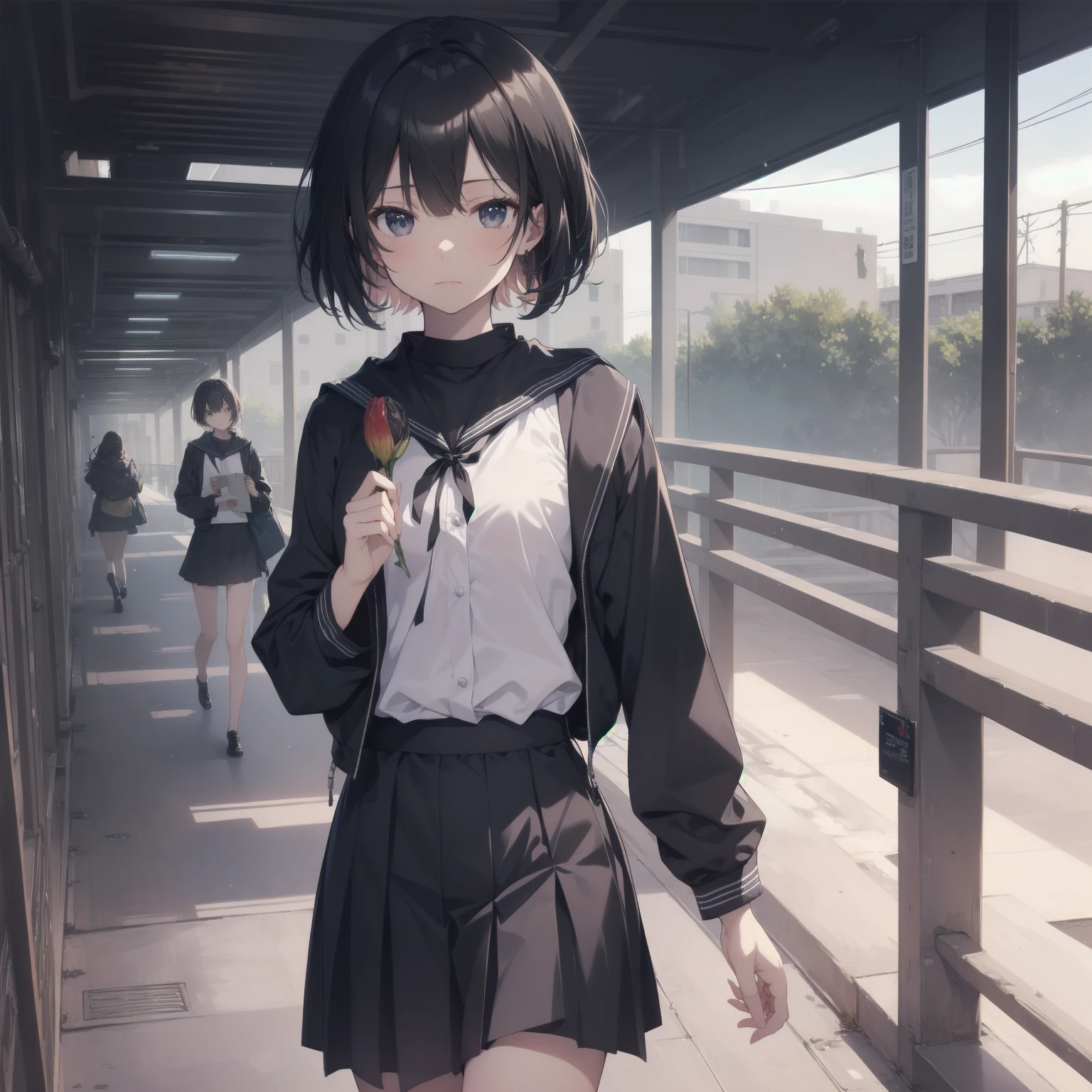 ultra-absurdres-Top quality by artist God, ultra-detailed, high resolution, anime moe artstyle, best anime 8k konachan wallpaper, pixiv contest winner, pool:2810, perfect anatomy,break, 1girl, (Please draw a girl walking sleepily to school alone. )break,(Solo,little female, 13-year-old:1.3),Full limbs, complete fingers,a junior high school student, (very short hair), short cut, flat chest, , small butt, small black eyes, beautiful detailed eyes, well-proportioned iris and pupils, expressive eyes, highres detailed hair, soft expression, salor school_uniform, sailor collar, serahuku, bow, pleated skirt,(Detailed Lighting), (Detailed background), in the School commute route. break,super detailed skin, Best cinematic lighting powered by famous artist, 8k,beauty illustration,photoshop_(medium),very aesthetic,break,((artist:beni_shake )), artist:clamp ,artist:carnelian ,artist:kantoku ,