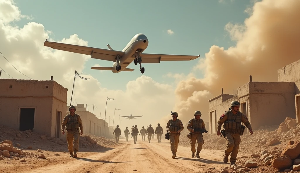 Depict a tense military scene at a U.S. base in northeastern Syria after a drone attack. Include damaged facilities with soldiers assessing the aftermath, medical personnel attending to injured troops, and the ominous presence of a drone in the sky. The setting should reflect the arid landscape of the Middle East, with a focus on the urgency and gravity of the situation