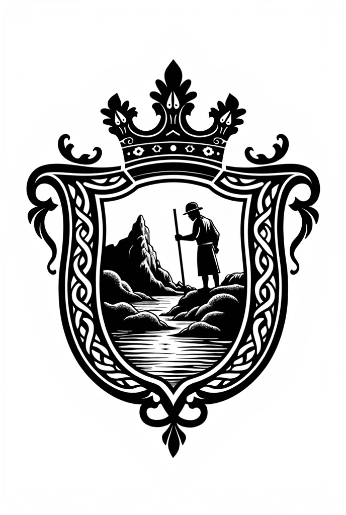 A logo for a brand of Guérande salt, with celtic aspect, black andwhite, with elements from the salt flats, with the appearance of a monarchical coat of arms, in the coat of arms include the image of a salt mine and a salt worker