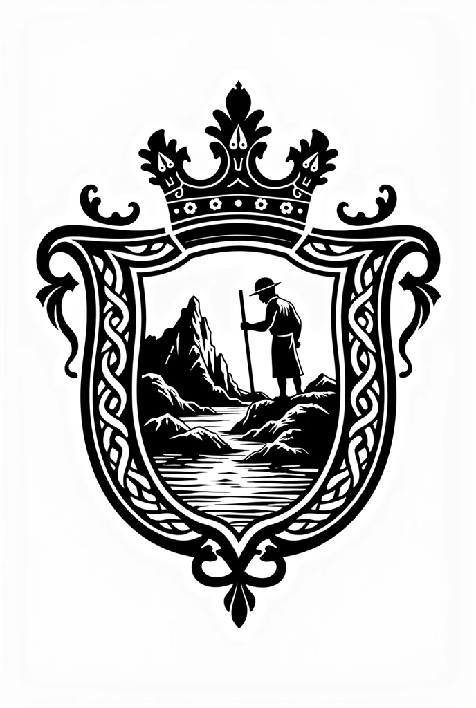A logo for a brand of Guérande salt, with celtic aspect, black andwhite, with elements from the salt flats, with the appearance of a monarchical coat of arms, in the coat of arms include the image of a salt mine and a salt worker