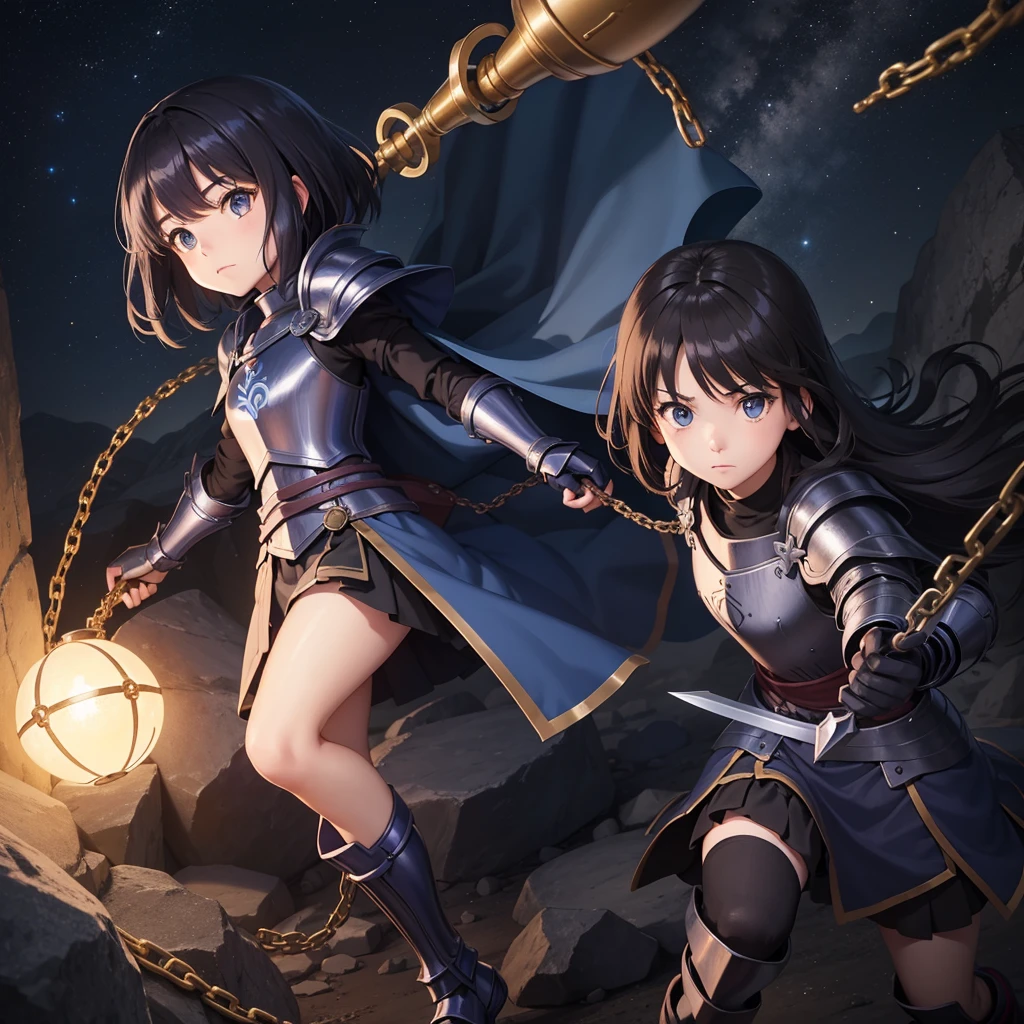 最high quality、high quality、Simple Cloth Armor、１０Year-old girl adventurer、Equipped with a weapon that has a short chain at the end of a stick and a spiked iron ball at the end of the chain、In a dark maze、Blue Armor