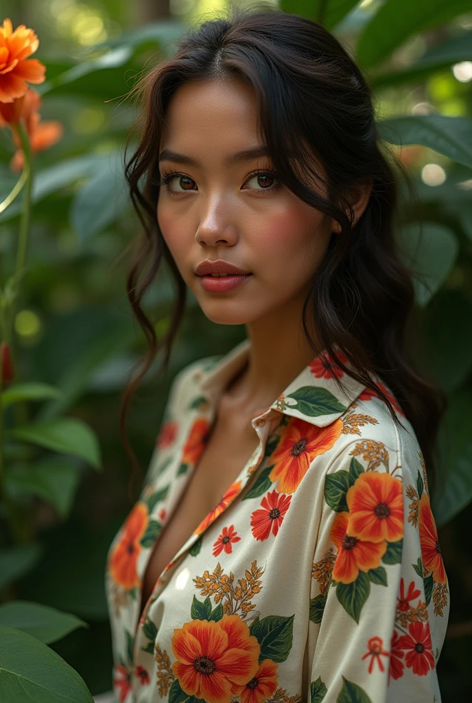 A Brazilian woman in a lush tropical garden, wearing an  with a floral print, with a close-up capturing the harmonious beauty between her  and the natural flowers, showing off your natural charm and outgoing personality.