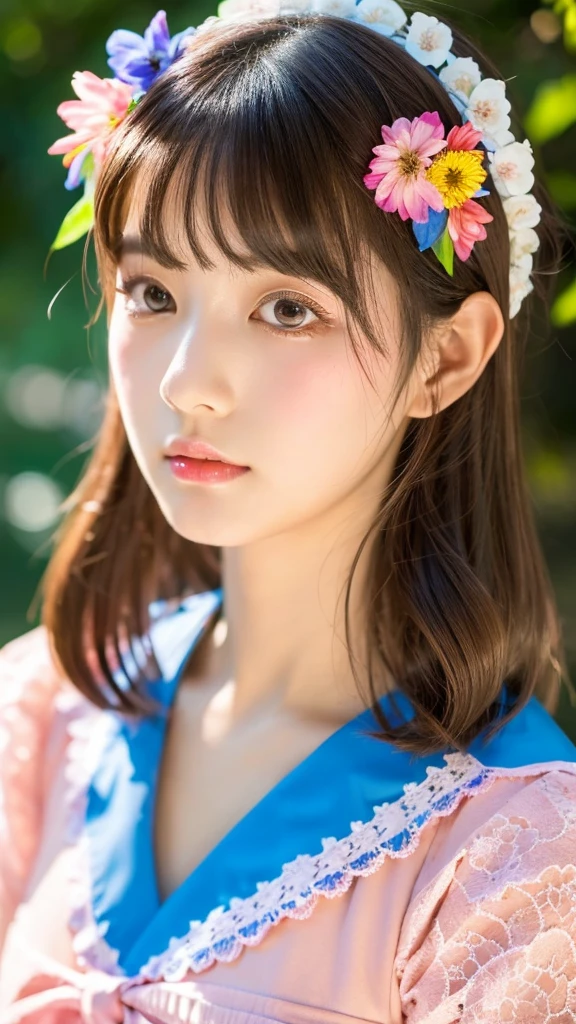 Shrine maiden、High quality,Japanese idol,18yo,expressionless,look at viewer,medium bob hair, brown hair,Colorful flower crown in primary colors, brown eyeshadow, light pink cheek,eyeliner, beige lipstick, glossy lips, pink dress with frills and lace, colorful flower petals in primary colors, detailed hair, slightly tousled hair, detailed eyelash,detailed skin pores,low angle,blue background,natural lighting