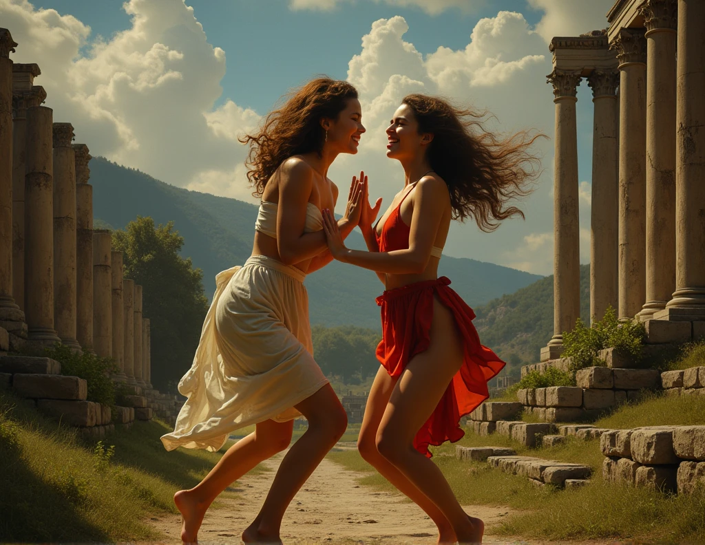 Ancient Roman ruins,landscape in the style of Poussin,A smile,,Sweet and seductive appearance.、Caravaggio's paintings、Chiaroscuro of Caravaggio、Hair disheveled in the wind,Two women frolicking,Cute smile, Expression of ecstasy,A sexy,erotick