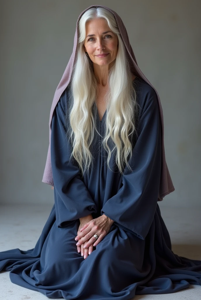 Realistic photo of kneeling woman with long white hair, from age to 45 years,wearing a dark blue and lilac long-sleeved flowing dress,wearing a cloth on her head covering her hair smiling