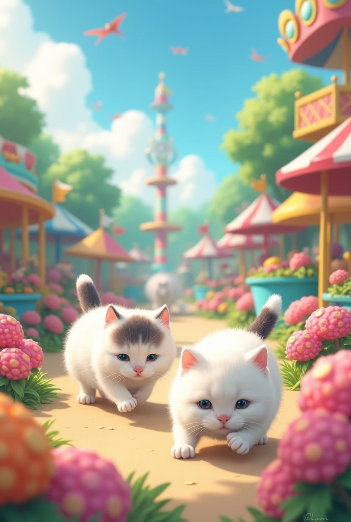 One white Munchkin cat One white Munchkin cat with a black tail Amusement park Flowers Play