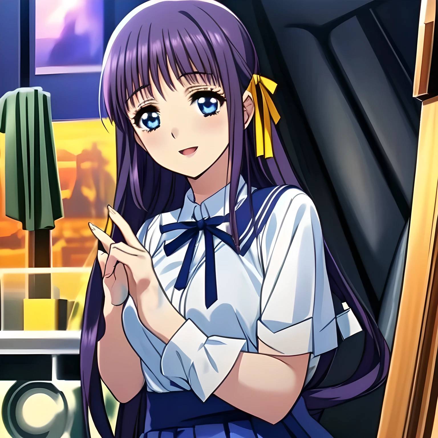 highest quality, (masterpiece:1.2), (A very intelligent heroine, Very detailed intelligent yo heroine portrait of game CG, Beautifully and artistically painted as cover of girl's magazine: 1.6), (The girl is turning around quickly and looking at me with adult smile as if she is a too beautiful goddess: 1.6), (Girl whom everyone loves because of her beauty and lovely fashion and intelligence and noble manner. A refined and elegant look like a beautiful secretary : 1.4), (In fact she is a very intelligent succubus, trying to charm, enslave and absorb me with deeply thought out intelligent strategy!: 1.0), (Very beautiful, wavy, cutely shining super-super-long blue hair, with elegant hair ribbons with very good smell of female pheromones: 1.4), (Laughing very beautiful and intelligent sapphire-blue intelligent eyes with very long eyelashes which charms and enslave me inevitably, with detailed very well: 1.8), (The elegant, slightly open mouth and glossy wet lips of an anime heroine: 1.0), (Gothic, noble, fully dark navy blue, neat sailor-styled gothic blue school uniform, fully dark navy blue blouse, and widely spread neat elegant dark dark-navy-blue pleated skirt, with a big yellow noble ribbon on the chest: 1.6), (Large but well figured breast: 1.0), (She is touching the viewer with her beautiful fingers, absorbing everything from me just now: 2.0)