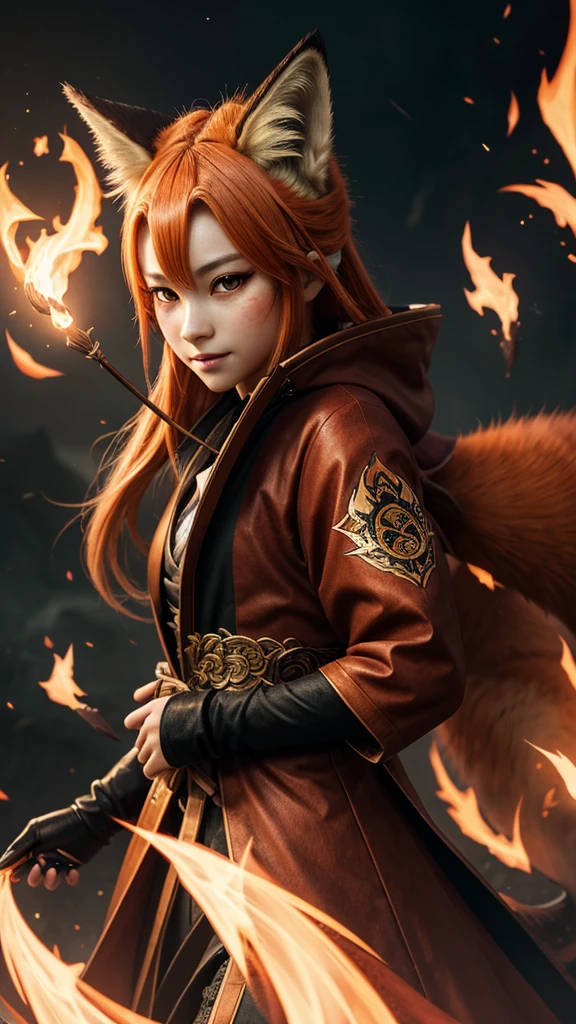 1 girl,One,, official art, unity 8k wallpaper, Ultra detailed, Beautiful and aesthetic, Beautiful, masterpiece, Best quality,, Kitsune witch, Fox Mask, haori jacket, Fox Fire Spell, Familiar Fox, transformation,
