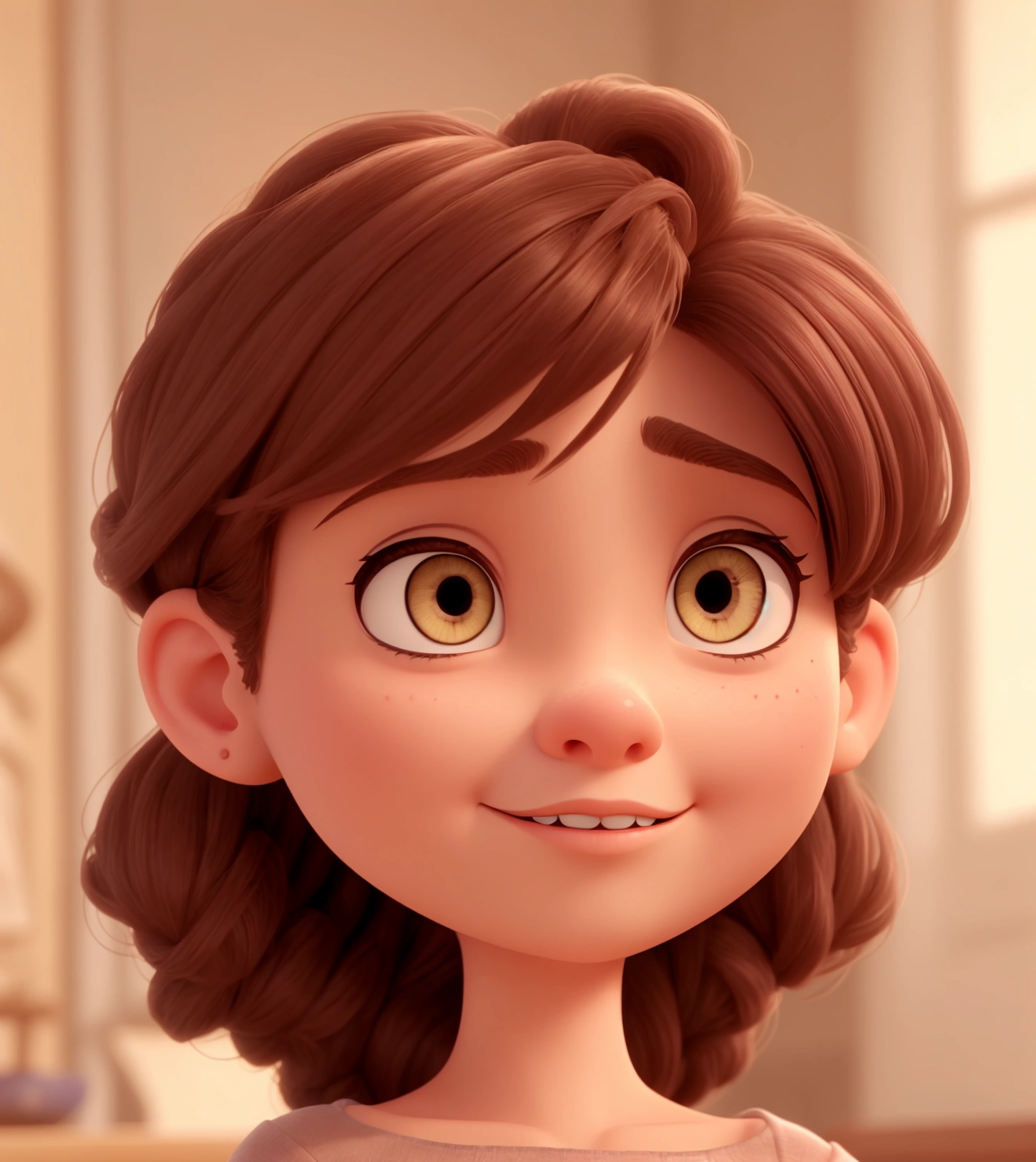 A beautiful young woman inspired by Disney Pixar animation, up close. The character is the center of attention with captivating facial expressions. He has brown eyes and hair. normal clothes.