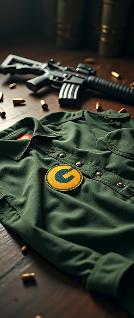 A green shirt on the floor, g emblem on chest, rifle and ammunition next to it, highly detailed, 4k, photorealistic, dramatic lighting, intricate details, realistic texture, cinematic composition
