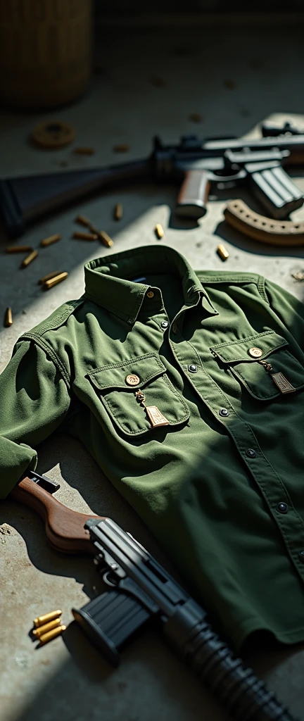 A green shirt on the floor, g emblem on chest, rifle and ammunition next to it, highly detailed, 4k, photorealistic, dramatic lighting, intricate details, realistic texture, cinematic composition