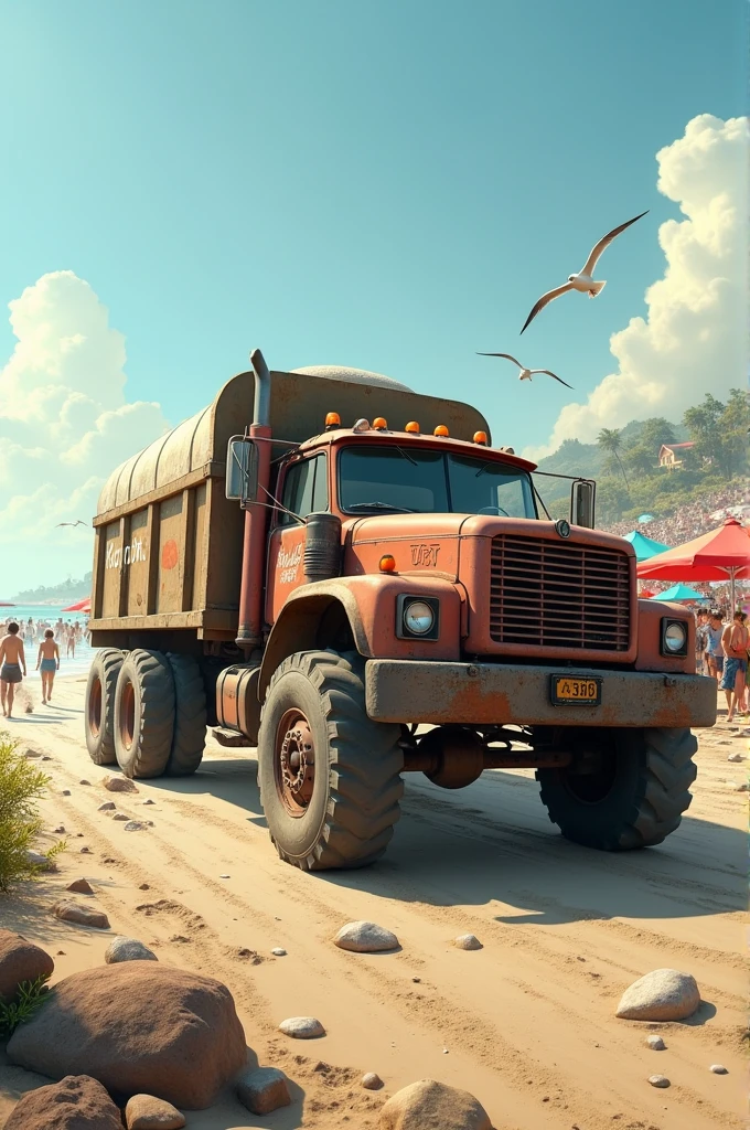 Truck carrying a bag of cement on a beach full of tents and swimmers, written in cement on the side of the truck