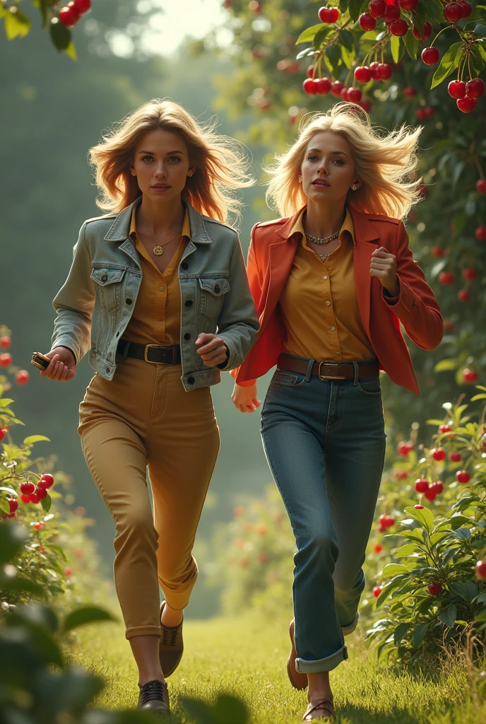 Two in the 70s, one blonde, the other brunette, escape from a garden after stealing cherries. . Well dressed Lyne and the other tomboy, we see a single cherry tree behind in an English garden 