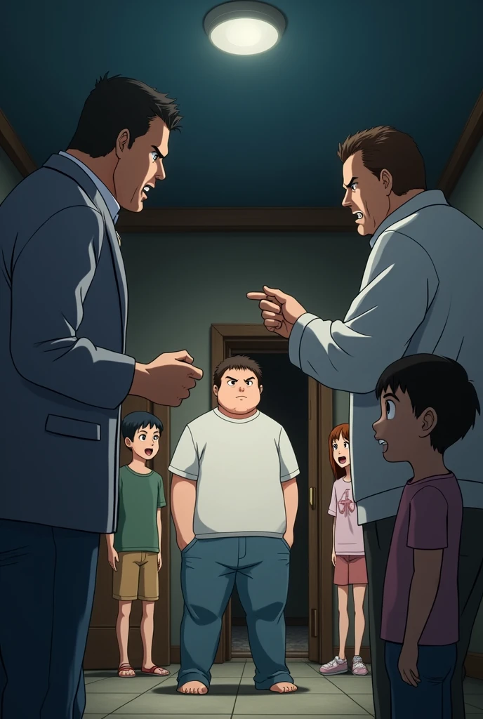 A close-up view of a family scene inspired by the anime 'I Got a Cheat Skill in Another World and Became Unrivaled in the Real World, Too.' The focus is on two angry parents in the foreground, pointing at a very overweight, mature-looking high school boy in the background who appears isolated and neglected. The boy is dressed in loose, unfashionable clothes, emphasizing his large size. Meanwhile, his younger siblings in the back are enjoying themselves, laughing and talking, completely ignoring him. The scene is set in a dimly lit, modern suburban home with an anime-like art style, highlighting the family's dynamic