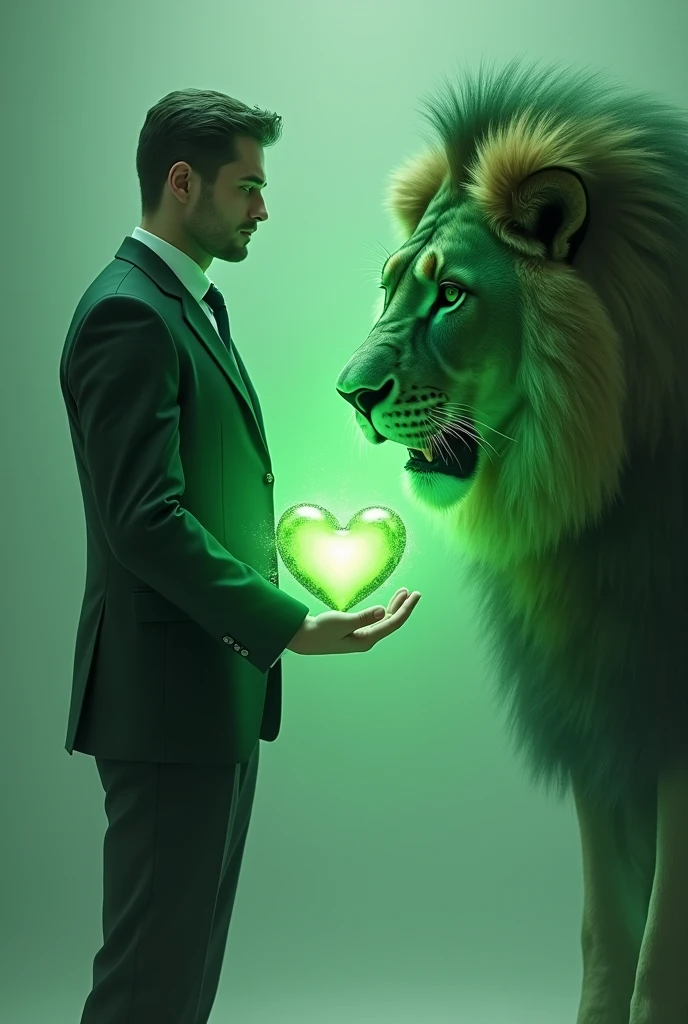 He is wearing a formal suit and in front of him is a green lion looking at the camera. In his hand is a green heart.