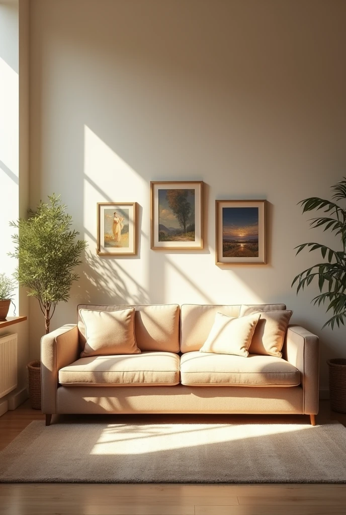 Generate a simple living room furnished with only one sofa and wall paintings from a far view