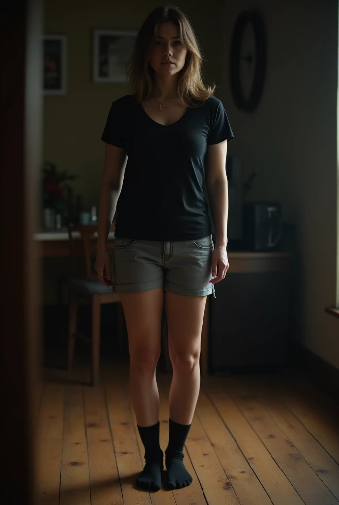 there is a woman standing in a room with a wooden floor, fit pic, full body picture, dressed in a top and shorts, in shorts, wearing shorts and t shirt, outfit photo, full body wide shot, wearing black shorts, standing in a dimly lit room, gray shorts and black socks, large thighs, mid 2 0's female