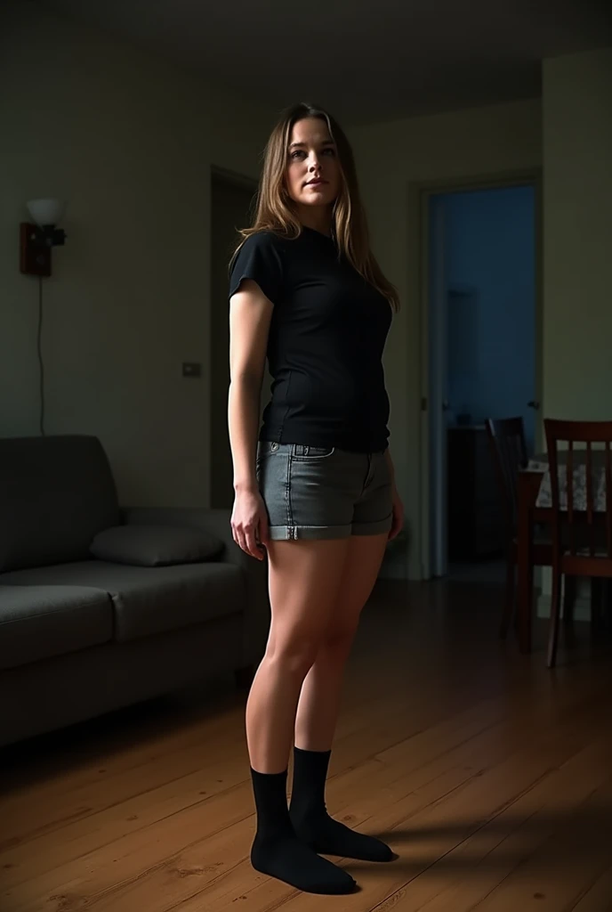 there is a woman standing in a room with a wooden floor, fit pic, full body picture, dressed in a top and shorts, in shorts, wearing shorts and t shirt, outfit photo, full body wide shot, wearing black shorts, standing in a dimly lit room, gray shorts and black socks, large thighs, mid 2 0's female