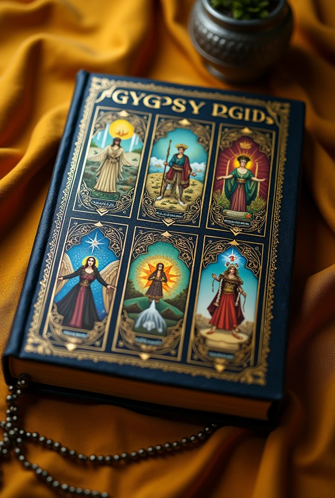 a book with a gold background and a white cover with the words gypsy deck, with images of gypsy decks on the cover, gypsy deck tutorial, book, tarot manual, by Shaiane Minosso