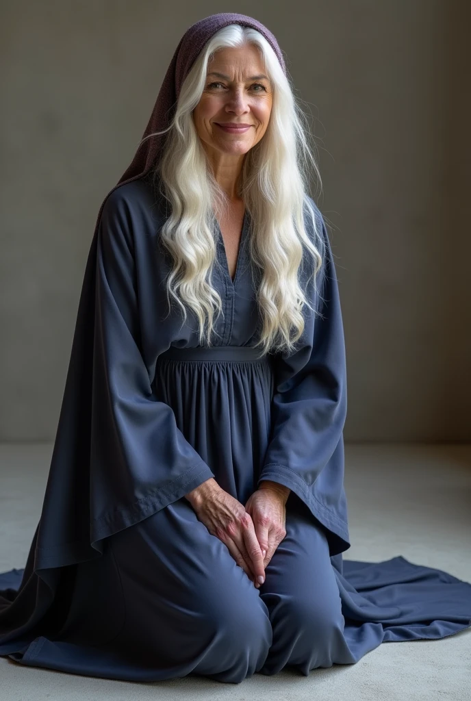 Realistic photo of kneeling woman with long white hair, from age to 45 years,wearing a dark blue and lilac long-sleeved flowing dress,wearing a cloth on her head covering her hair smiling 