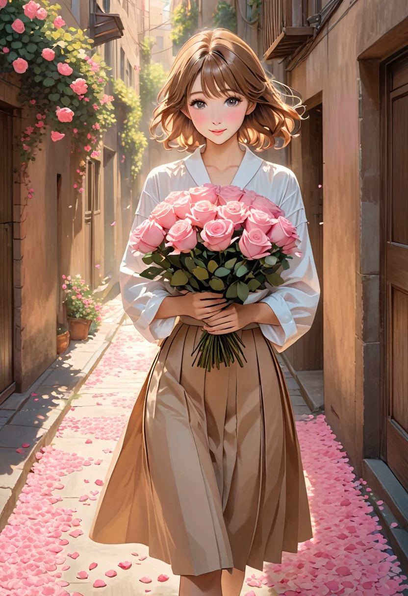 The image depicts a character with shoulder-length, light brown hair, holding a bouquet of pink roses wrapped in brown paper. The setting appears to be a narrow alleyway or street, with soft light casting warm tones. Pink flower petals are scattered on the ground and gently floating in the air, enhancing the romantic and serene atmosphere. The character is dressed in a white shirt and a pleated skirt, with their arms cradling the bouquet gently.