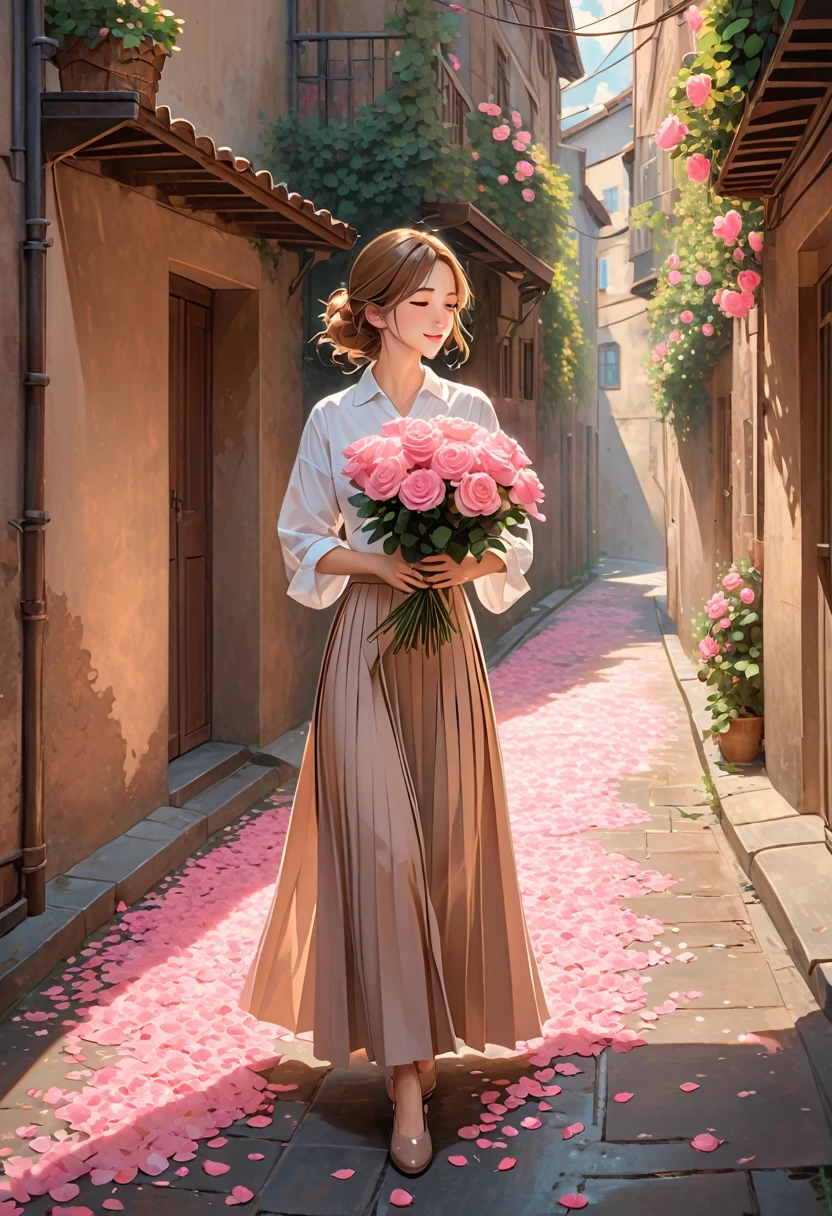 The image depicts a character with shoulder-length, light brown hair, holding a bouquet of pink roses wrapped in brown paper. The setting appears to be a narrow alleyway or street, with soft light casting warm tones. Pink flower petals are scattered on the ground and gently floating in the air, enhancing the romantic and serene atmosphere. The character is dressed in a white shirt and a pleated skirt, with their arms cradling the bouquet gently.