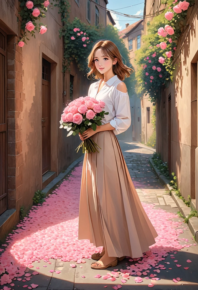 The image depicts a character with shoulder-length, light brown hair, holding a bouquet of pink roses wrapped in brown paper. The setting appears to be a narrow alleyway or street, with soft light casting warm tones. Pink flower petals are scattered on the ground and gently floating in the air, enhancing the romantic and serene atmosphere. The character is dressed in a white shirt and a pleated skirt, with their arms cradling the bouquet gently.