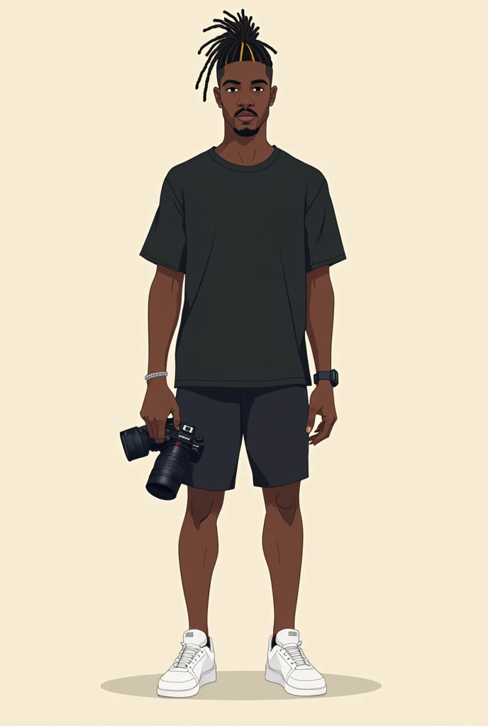 Create a minimalist illustration with solid colors and no shadows, featuring a tall, slim black young man, approximately 1.85m in height, holding a Sony a7iii-style camera with filmmaking accessories, but without a microphone on top. He has around 50 thin dreadlocks tied up only on the top of his head, with the sides shaved. He is dressed in a black T-shirt, black shorts, and white sneakers, all rendered in solid colors. His skin is a solid dark brown, and he wears a silver bracelet on his left wrist and a black, slightly square Casio watch on his right wrist. He has a blonde mustache and goatee. The background is simple and plain, highlighting the figure, with no complex scenery or extra details