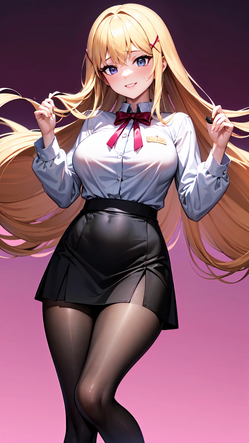 （（super high quality,））（（Ultra-high resolution,））（16K,）（super masterpiece,）（（Ultra HD ,））（Detailed shading,）One sexy woman,Black Cutter Shirt,Long sleeve,Black tight skirt,Purple Stockings,smile,