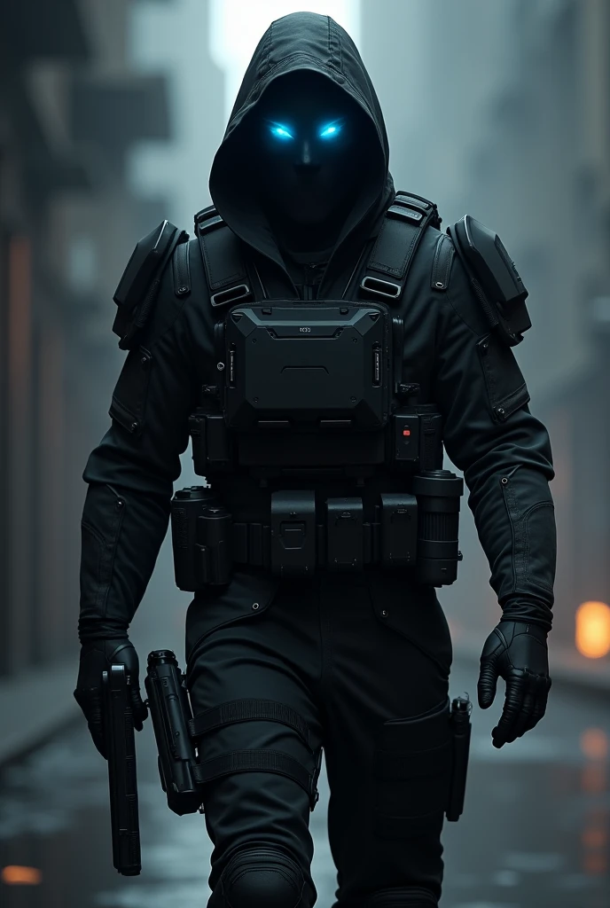 A man in black agent armour suit with mask and weapon like agent
Glowing blue eyes