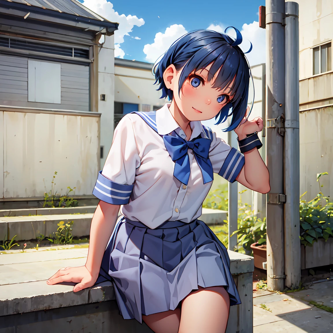 anna_yanami, skirt, blue eyes, blue hair, bow, shirt, ahoge, short sleeves, grey skirt, pleated skirt, school uniform
