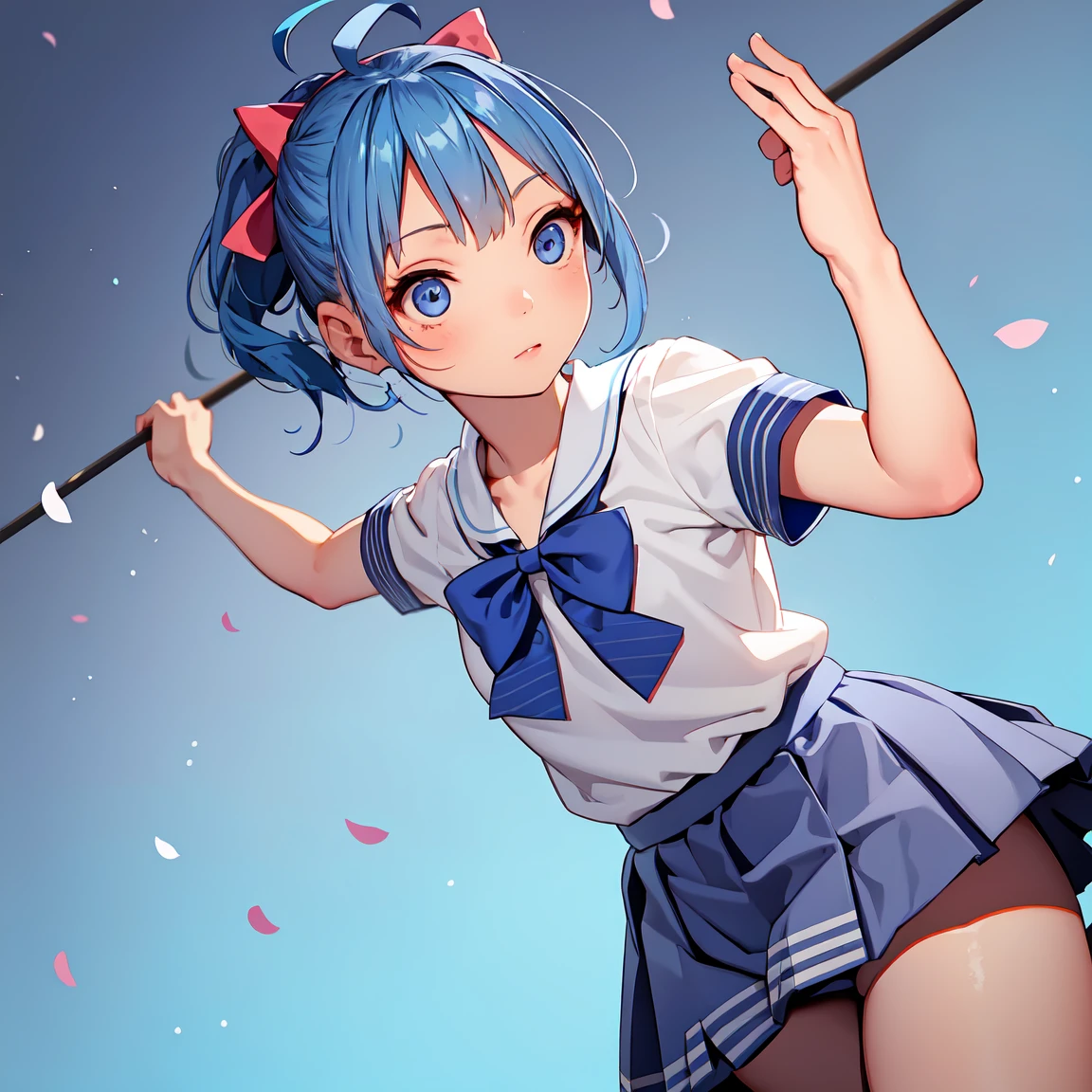 anna_yanami, skirt, blue eyes, blue hair, bow, shirt, ahoge, short sleeves, grey skirt, pleated skirt, school uniform
