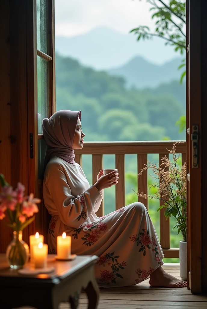 Widya Anindya Putri A woman wearing a hijab is sitting on the wooden balcony of a comfortable house with a background of green mountains.. The woman was wearing a brown sweater and trousers with a floral pattern.. He holds a white cup, seemed to enjoy the peaceful atmosphere around him. Beside it there are lit candles and table decorations with flowers in vases.. The view outside shows beautiful mountains., create an atmosphere of peace and relaxation. there is writing "PEC Charm of Beautiful Editor" above the image.