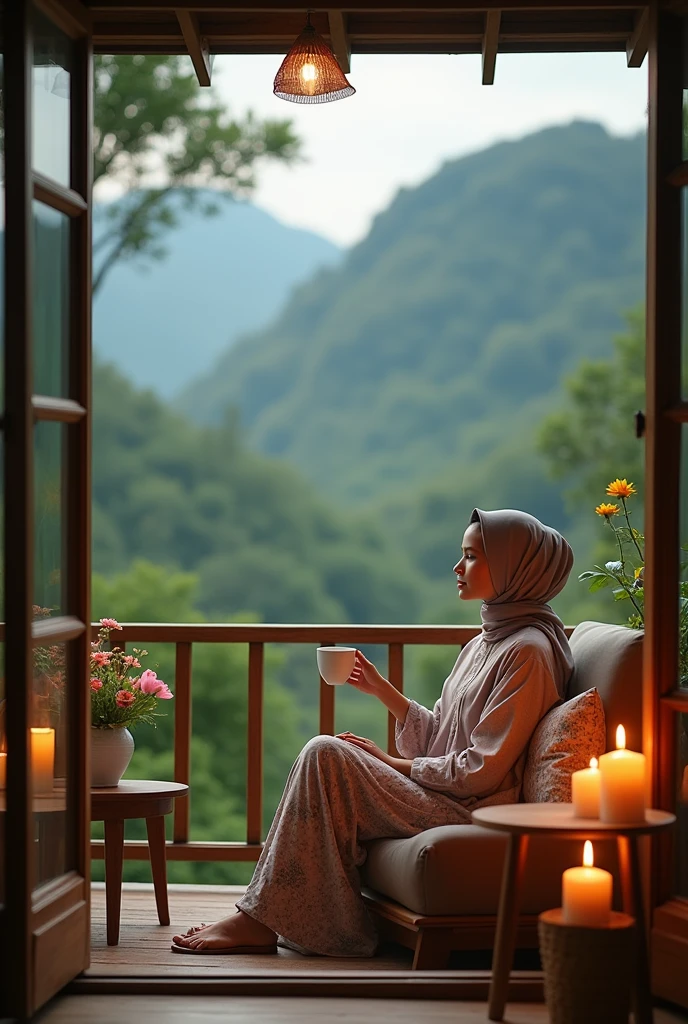 Widya Anindya Putri A woman wearing a hijab is sitting on the wooden balcony of a comfortable house with a background of green mountains.. The woman was wearing a brown sweater and trousers with a floral pattern.. He holds a white cup, seemed to enjoy the peaceful atmosphere around him. Beside it there are lit candles and table decorations with flowers in vases.. The view outside shows beautiful mountains., create an atmosphere of peace and relaxation. there is writing "PEC Charm of Beautiful Editor" above the image.