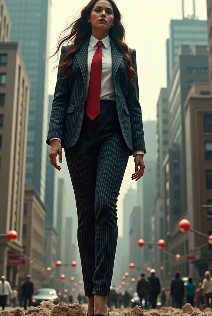 (photorealism:1.2), beautiful woman, Jenna Ortega, looking down from aerial View，giantess city, giant girl 5500 feet high，skyscrapers,Have a pair of ultra long legs,  stepping in the crowd，many people in street, curvy, huge breasts, pinstriped suit, shite tailored shirt, large Windsor knot red tie, Has waist-length hair，Wearing a pair of platform heels，A look of enjoyment，standing on a ruins，Beautiful appearance，Exquisite makeup，quality, Cinema lighting，film grain，8k，textured skin，Super details，high detail，high quality，high resolution, smile