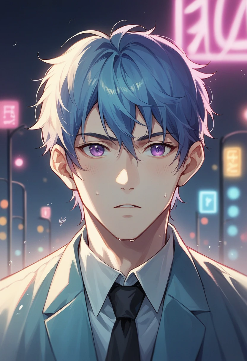 A close-up shot of a professional Black saxophonist, dressed in a sharp, stylish suit reminiscent of the 80s, playing a soulful love song on a neon-lit street. The city lights cast vibrant hues of blue, purple, and pink onto his face and saxophone, creating a nostalgic yet powerful image. The reflection of wet pavement beneath him adds to the moody, romantic atmosphere as he performs with deep emotion.
