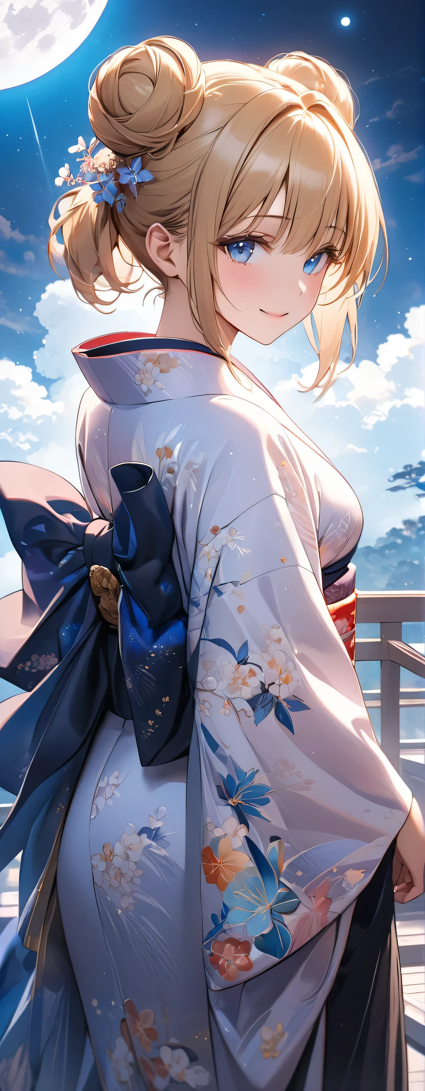 Anime girl in kimono outfit standing on a pier with a full moon in the ...
