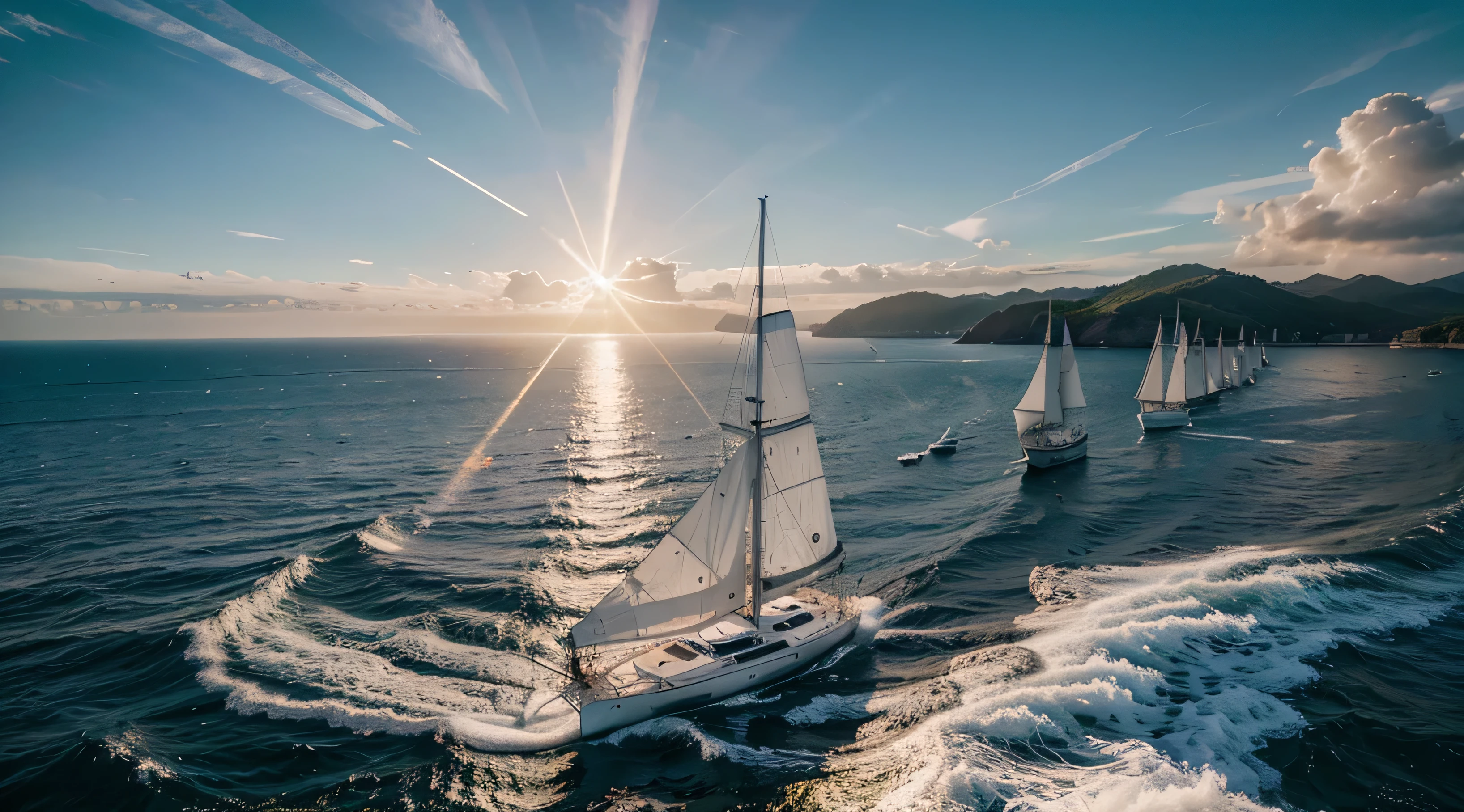 White sailing yacht, people on the yacht, bright sun in the background, nebula, big sun, sun is reflected in the water, sun glare on the water, sparkling splashes, sea in the background, many sailing yachts in the background, white yachts sailing to the horizon, picturesque coastline, yachts are parked on the coast, light nebula. High quality photo, realism, cinematic lighting, god rays, reflection light, backlighting, wide shot, from above, atmospheric perspective, panorama, Wide-Angle, Ultra-Wide Angle, 360 view, UHD, masterpiece, accurate, anatomically correct, super detail, high details, high quality, best quality, highres, 1080P, HD, 4K, 8k, 16k