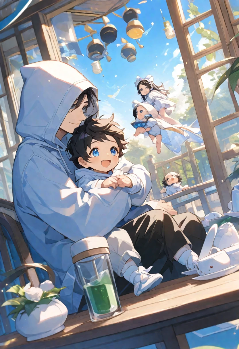alone, elegant, adult,1 man, (30 year old man) ,Hugging the twins, short hair, black hair, Half and half, blue eyes, details, white shirt, Drink coffee,coffee cup,Coffee table, Hood, The father, Baby, Cute baby, Children's clothing, Two siblings, smile ,,boy, boyอายุ 2 ขวบ , full body, sit, Dynamic angle, black hair, court, 3yo, black hair, daytime, Clear sky, smile, Wearing a white hoodie, blue eyes, The composition should express a blend of innocence., The background should be eye-catching.,boyอายุ 2 ขวบ, full body, sit, Dynamic angle, white hair, court, 3yo, white hair, daytime, Clear sky, smile, Wearing a white hoodie, blue eyes, The composition should express a blend of innocence., The background should be eye-catching.,