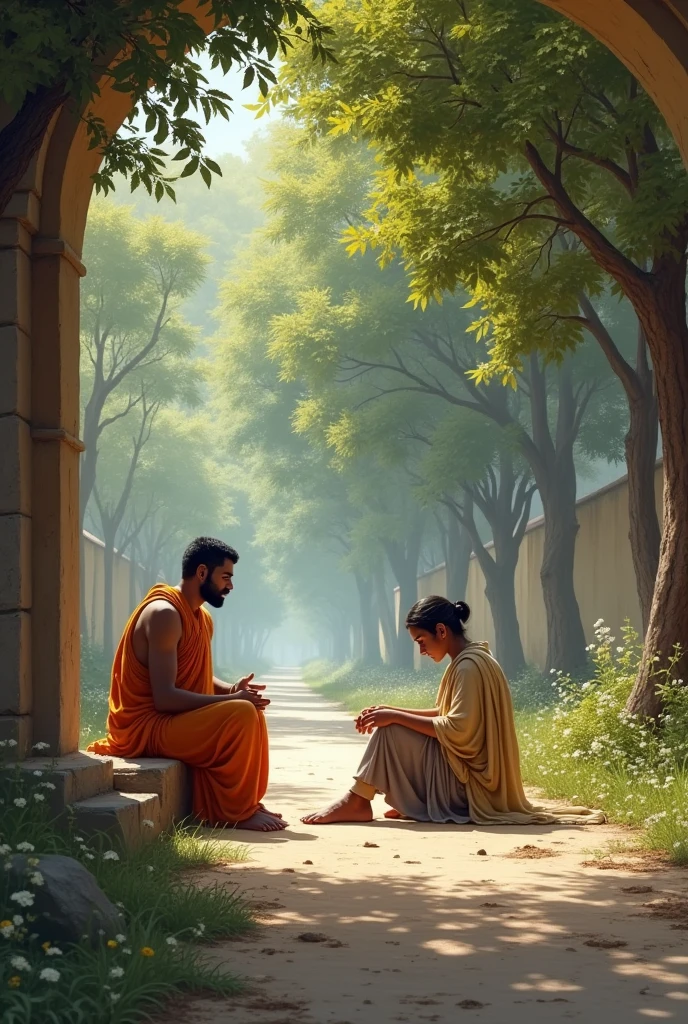 It is spring time in the old city of mathura in 3rd century BC. A young monk dressed in sage clothes is walking out of the city gates of Mathura and the streets are lonely.Trees are filled with blossom flowers and koels are sitting on the trees.Outside the city gates a mango groove is there. Under that tree, a woman is sitting and she is having small pox and looks very ugly. The young monk sat down with one leg on the road and on one leg he placed the woman’s face on his lap and gave her water.