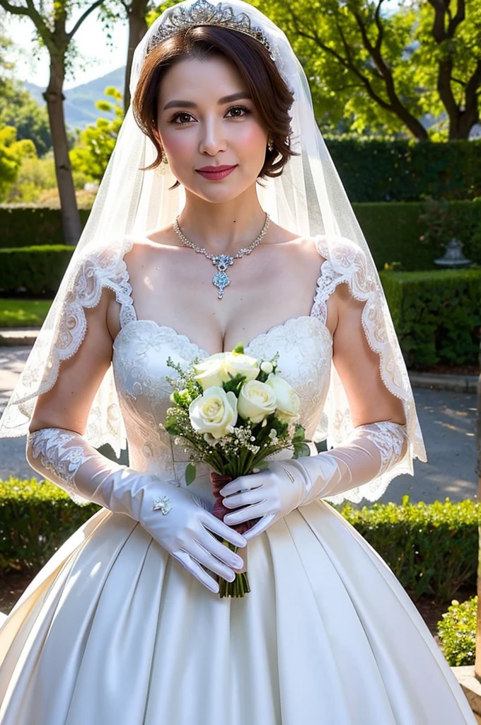 demi moore, ((TOPLESS)), holding a bouquet of flowers, bride,smiling, wearing a white wedding dress, queen, french countryside
