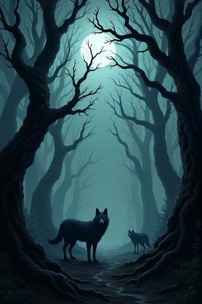 A black forest with black and scary trees and with black animals 