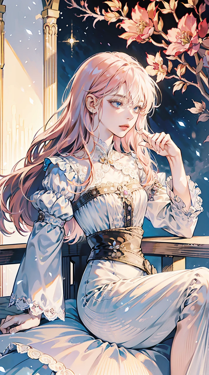 ((best quality)), ((ultra high definition)), ((masterpiece)), ((Romance Fantasy)), ((illustration)), (detailed), (clear), (Perfect), 1 woman, mature, beautiful, pure, expressionless, long pink hair with bangs, white skin, Sapphire blue eyes, Deep double eyelids, abundant eyelashes, pretty lips, big bust, small waist, White dress with lace, Hands on waist gesture, Spacious banquet hall