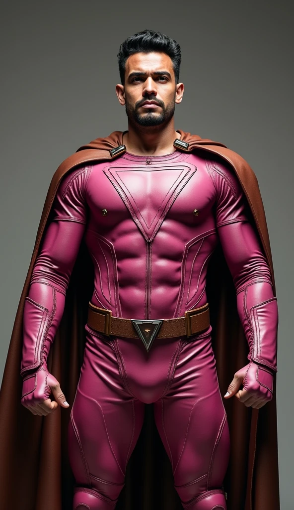 Create a closed-up Malay man in tall body without mask, wearing superhero dark pink leather suit letter "K" logo inside the triangle shape upside down on the chest, wear a brown armor glove, wear a brown cape, dark pink armor pants and brown knee guard, brown belt armor, brown armor shoes. Hyper Realistic photography, 8K Ultra HDR, detailed.